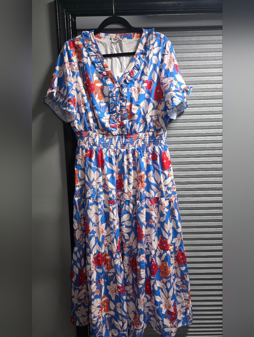 GRACE KARIN Blue Floral Ruffle V-Neck Dress NWT LARGE